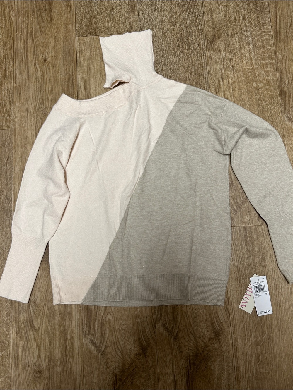Willow Drive Neutral Beige Pullover Colorblock Turtleneck Off Shoulder Sweater
